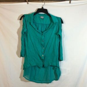 Vanity Green Button Up V-Neck Sheer Back Blouse